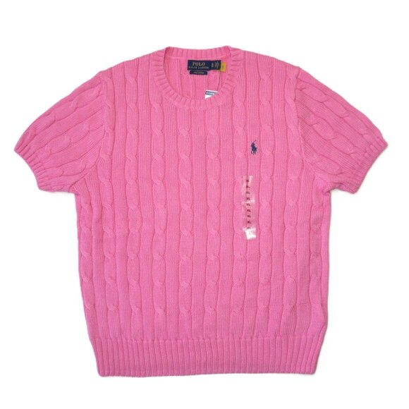 NWT Polo Ralph Lauren Cable-Knit Cotton Short-Sleeve Sweater in Pink Pullover XL - Picture 1 of 6